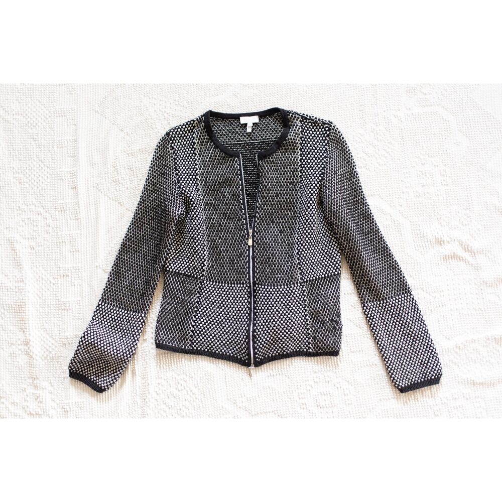 Escada Sport Wool Blend Zip Up Sweater L Black and White Quiet Luxury Heritage